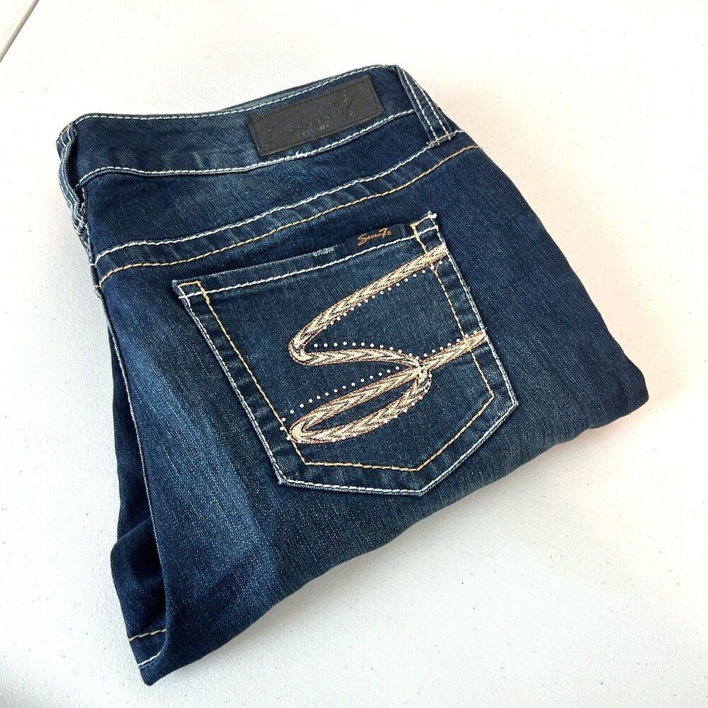 Seven7 Womens Blue Skinny Jeans Mid Rise Pockets Logo Cotton Blend